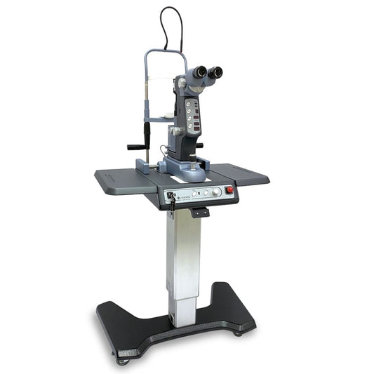 Láser fotodisruptor Lightlas YAG-V, con haz apuntador rojo y mesa de elevación